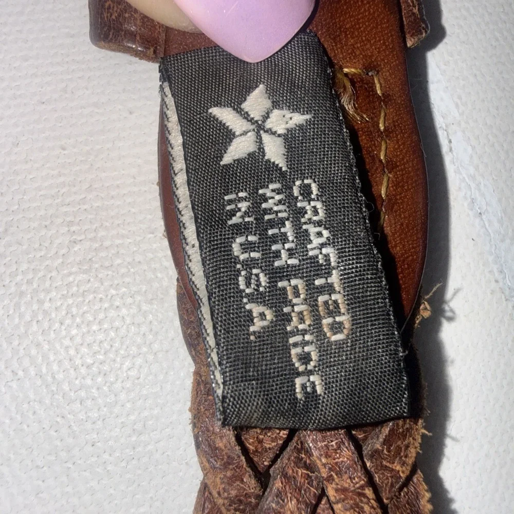 Vtg 90s Brighton Woven Brown Leather Braided Solid Brass Buckle USA Belt Size 38
